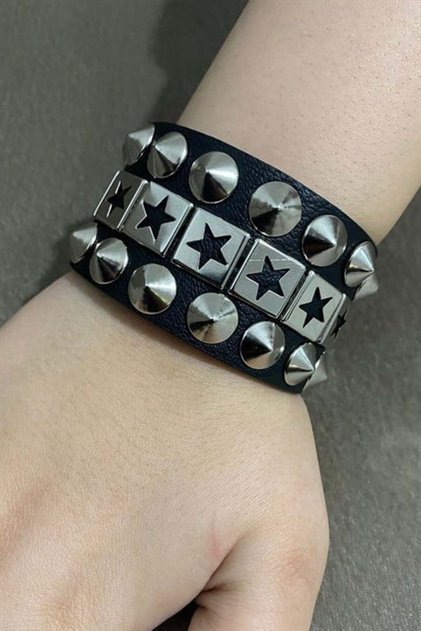Black Pyramid Striped Star Gothic Leather Bracelet