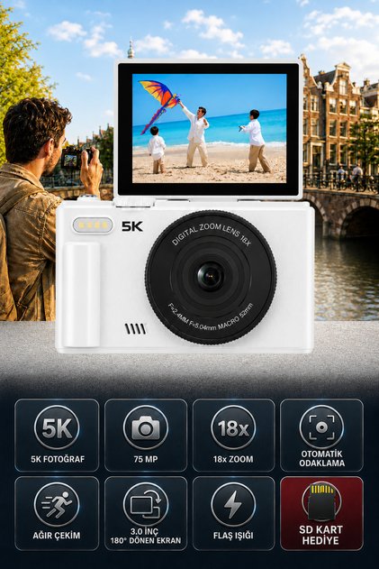 5K Dijital Video Kamera 75 MP 18X Zoom Flaşlı 3” Flip Ekranlı SD Kart Hediyeli Retro Vlog Fotoğraf Makinesi