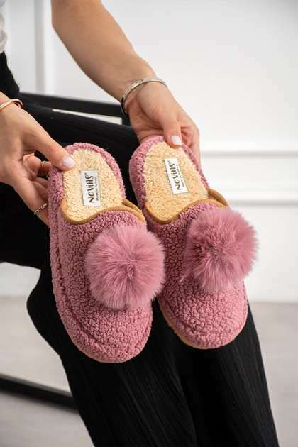 Women's Pompom Plush House Slippers Soft Furry Silent Sole Winter Slippers