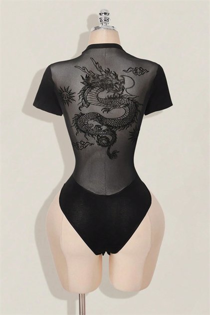 Black Dragon Printed Short Sleeve Snap Fastener Bodysuit with Transparent Back