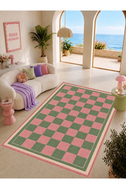 Aura Pink Squares Patterned Woven Base Decorative Carpet Aura4082