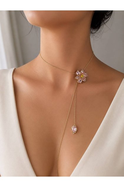 Idyllia Y Kolye – Taşlı Çiçek Figürlü Asansörlü Gold Paslanmaz Çelik Kadın Kolye, Özel Kutulu