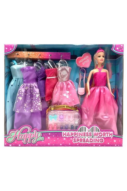 Set papusa Happy Time cu garderoba fashion, 5 rochii de schimb pe umerase si, Model 46463 - Premium