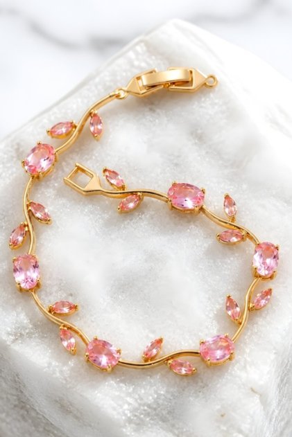 Women's Vip Gold Color Pink Colorful Zircon Stone Tulip Steel Bracelet