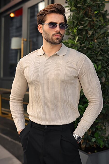 Stone Color Regular Fit Polo Collar Knitwear Men's Sweater E7509