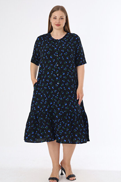 Women's Plus Size Black Floral Print Pocket Short Sleeve Button down Dress