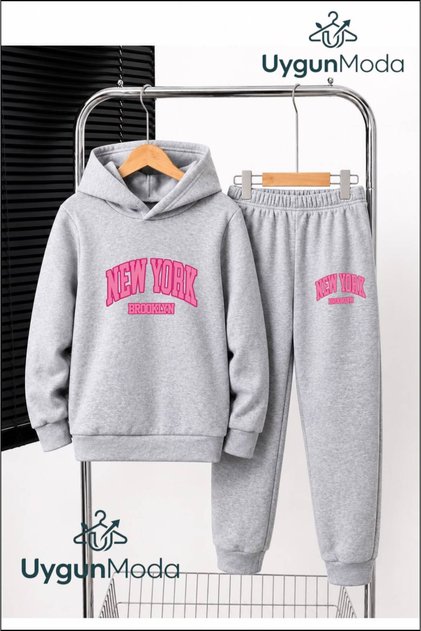 Pink New York Printed Hooded Thick Cotton Inside Tracksuit with Pockets Children's Top and Bottom Tracksuit Set