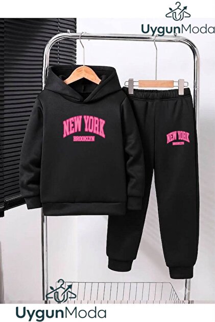 Pink New York Printed Hooded Thick Cotton Inside Tracksuit with Pockets Children's Top and Bottom Tracksuit Set