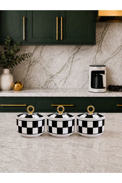 Kahvaltılık - 3 lü Set Seramik Siyah Damalı Halka Zamaklı