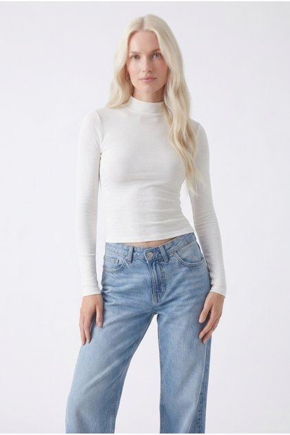 Women's Half Turtleneck Long Sleeve Ribbed Stretchy Slim Fit Crop Blouse