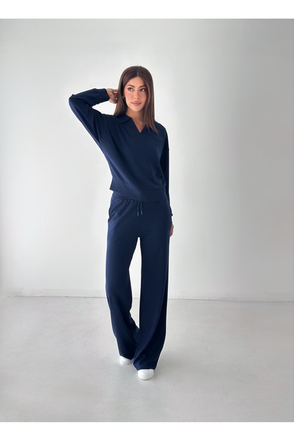 Women's Modal Fabric Embroidery Detailed Polo Collar Sweatshirt Double Set