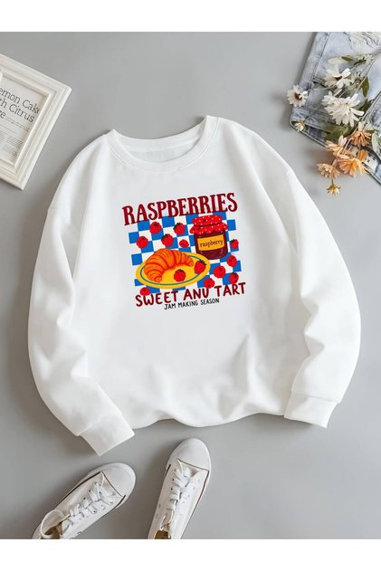 Kadın Kruvasan Baskılı Üç İplik Şardonlu Sweatshirt