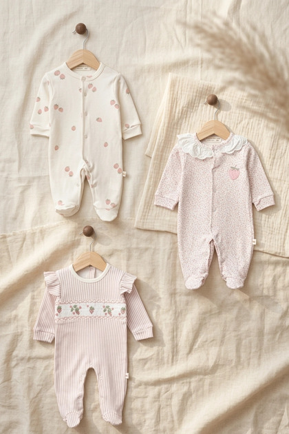 Berry Bloom 100% Cotton Strawberry Patterned 3-Piece Baby Romper Set - Ruffled Collar and Handcrafted Embroidery