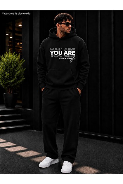 Men's You Are Enough Written Sweatpants Set / Hooded Sweatshirt with Kangaroo Pocket and Straight-Leg Bottoms