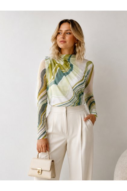 Women's Ecru Green Patterned High Collar Printed Lined Long Sleeve Tulle Fabric Blouse