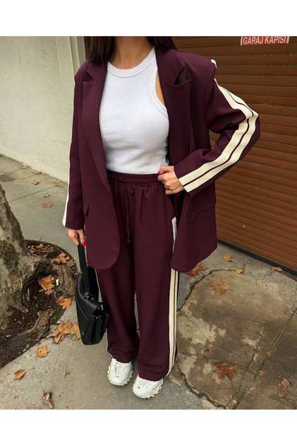 Premium Series Stripe Detail Single Button Buckle Fabric Lightweight Long Blazer Jacket Elastic Tie Detail Long Palazzo Pants Casual Stylish Affordable Suit