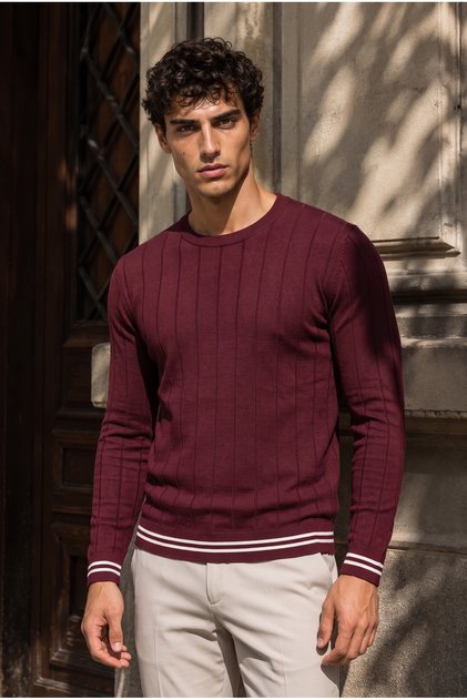 Marino Stripe Detailed Lycra Crew Neck Slim Men's Knitwear Sweater - Claret Red