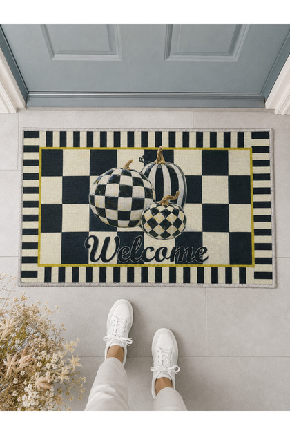 Black and White Checkered Patterned Pumpkin Welcome Door Mat 40X60 cm - Washable Non-Slip Base Mat