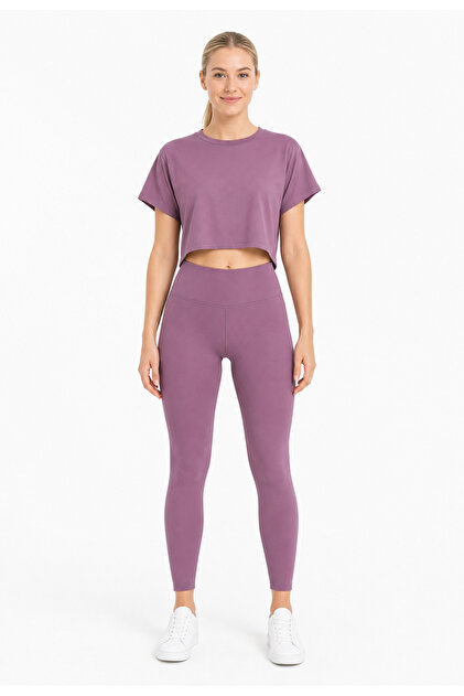 Kadın Spor Alt Üst Takım – Yüksek Bel Tayt ve Dökümlü Crop T-Shirt Fitness Seti