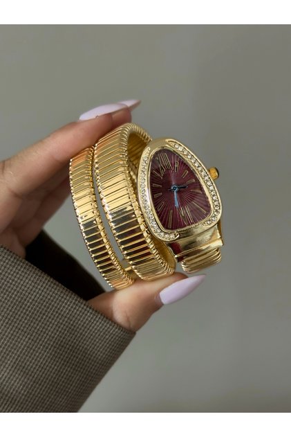 Gold Bordo Kadran Yılan Kol Saati