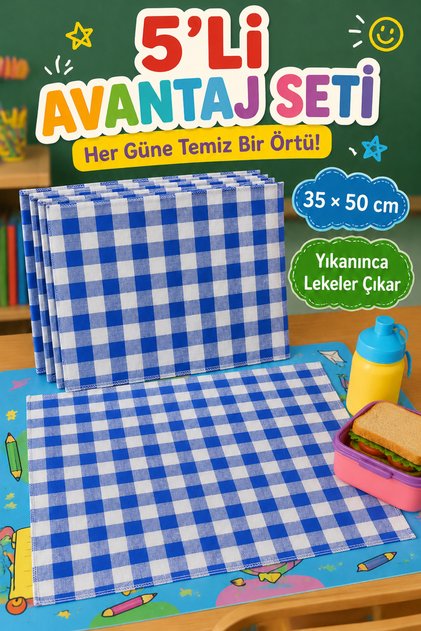 Set of 5 and Washable, Stain-Resistant Lunch Mats 35X50 cm – Different Color Options for Kindergarten and Primary School