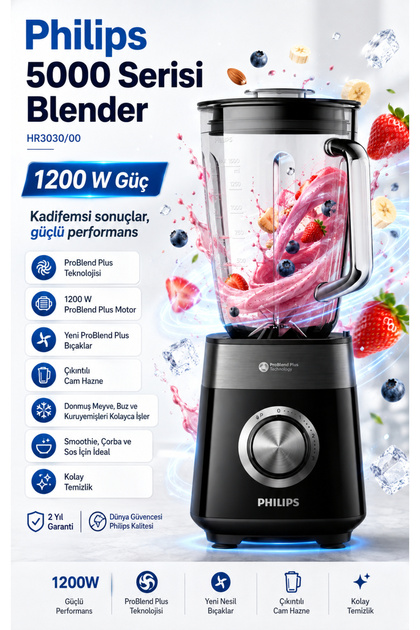 Pro Blender Mikser 1200 W Ultra Plus Motor, Güçlü ve Uzun Bıçaklar, Cam Hazne, Buz Kırma, Donmuş Meyve, Smoothie, Çorba ve Sos Hazırlama İçin Yüksek Blender