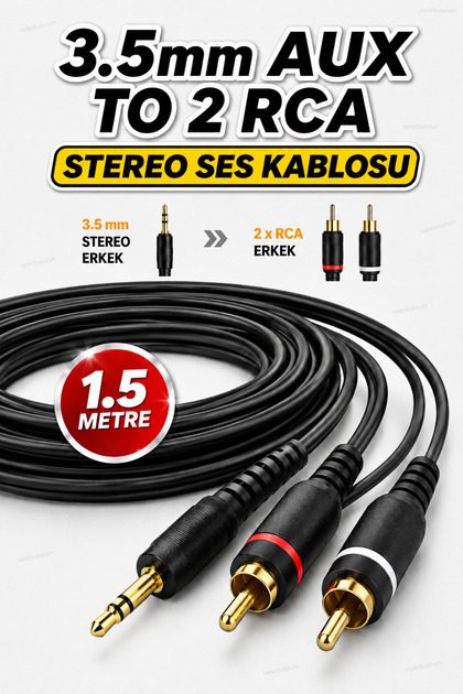 Ultra Kaliteli 3.5mm AUX to 2 RCA Erkek Stereo Ses Kablosu 1.5 Metre Altın Uçlu TV Amfi Hoparlör Müzik Seti PC Laptop Araç Uyumlu