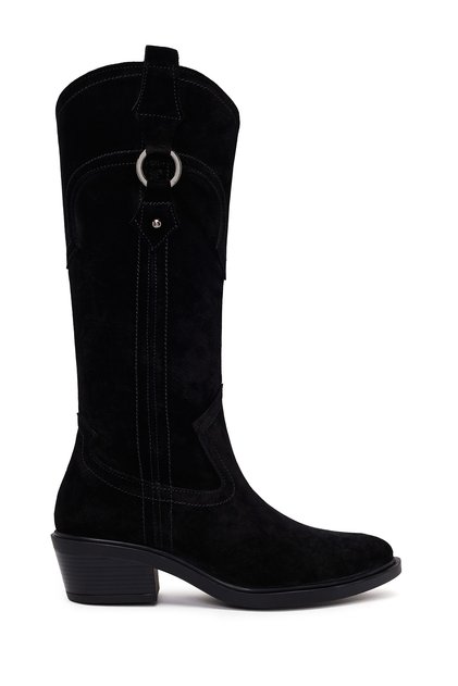 Women's Black Short Thick Heeled Suede Leather Cowboy Boots Af190037Ds