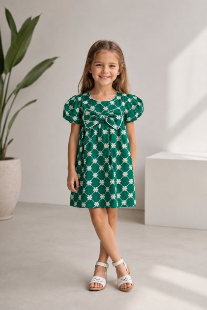 Girls Floral Bowknot Lined Dress Short Balloon Sleeves Stylish Casual and Special Occasion Dress