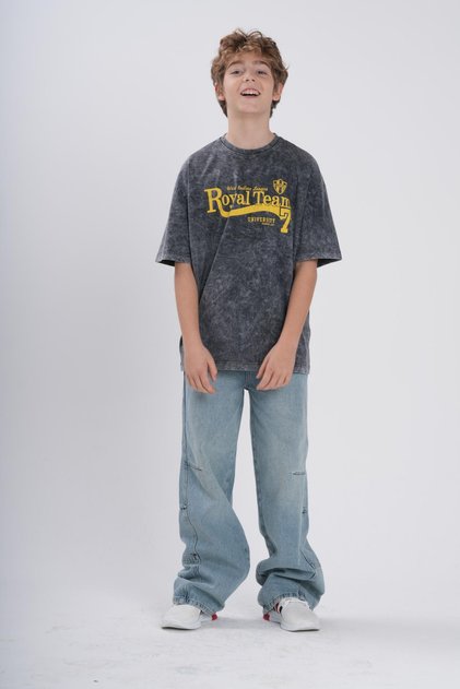Boy's "Royal Team 7" Printed Acid Wash Washed Oversize T-Shirt - Anthracite / Light Gray