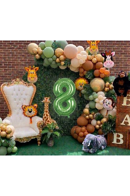 Safari Themed Birthday Decoration Set with 1-Year-Old Number Option, 6 Animal Figures, 40 Balloons, Balloon Chain, Green Background