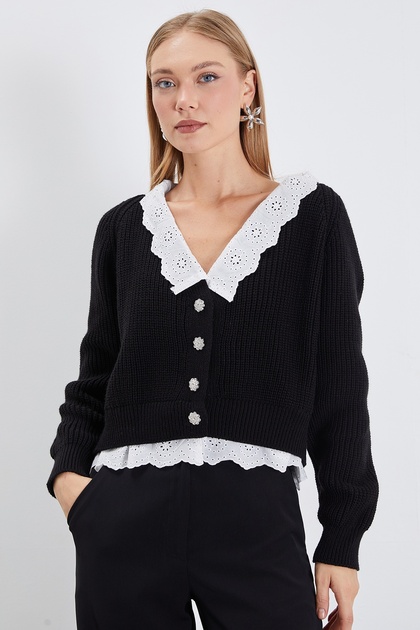 Collar and Hem Lace-Up Knitwear Cardigan