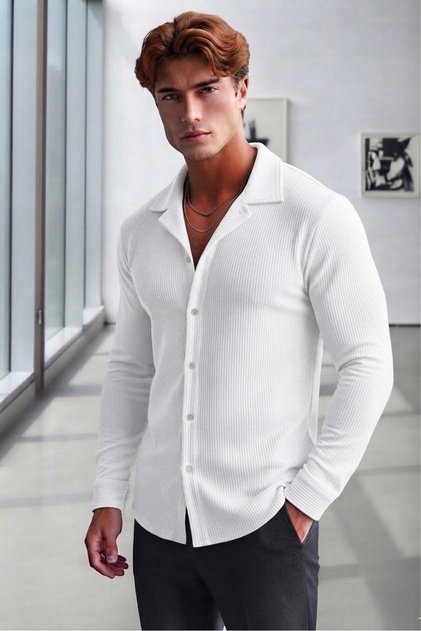 Men's White Corded Ottoman Fabric Long Sleeve Shirt
