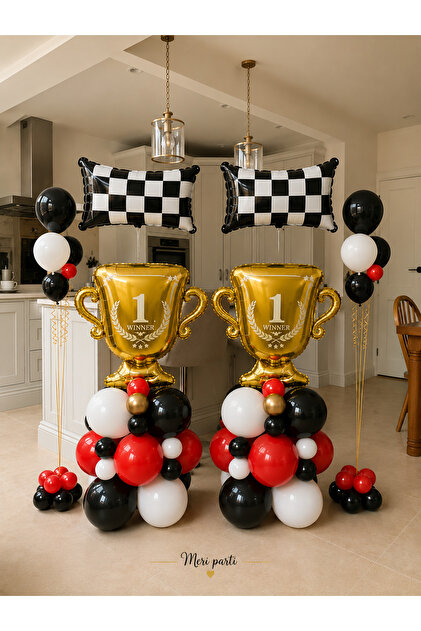 Racing Themed Balloon Set – 50 Latex Balloons, 2 Cups and 2 Checkered Flag Foil Balloons Racing Foil Balloon Set