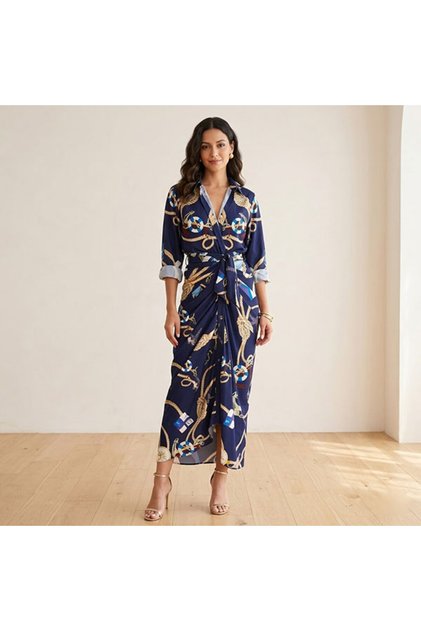 Women's Blue Wrap Long sleeve Maxi Dress