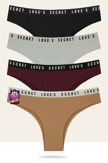 4-Pack Cotton Laser Brazilian Panties - Love Secret Written Waist Elastic W-4640