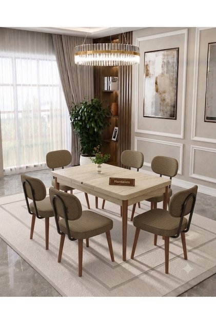 Modern Açılır Kapanır Yemek Masası Takımı 80x130 cm Açılır 80×170cm (6 Sandalyeli) - Traverten Desen / Ahşap Ayak kahve
