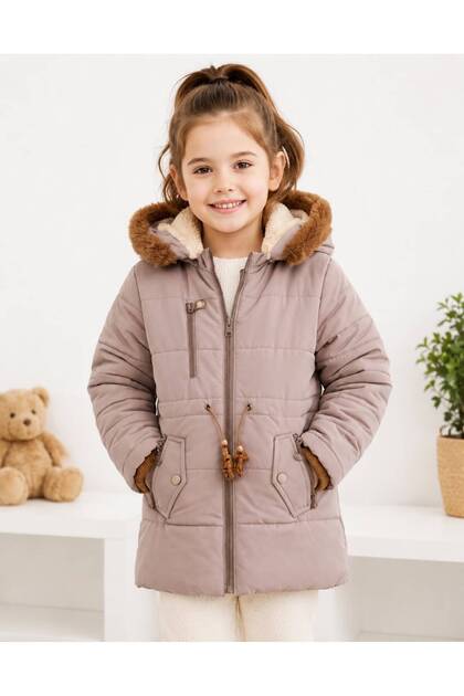 Girl's Inflatable Coat with Fur, Detachable Hood, and Zipper