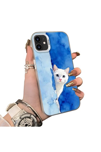 Cute White Cat Pattern Acrylic Back Silicone Edge Phone Case Compatible with iPhone 12/12 Pro