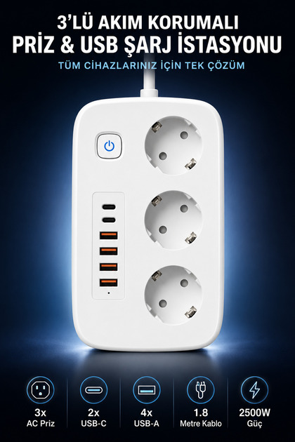 3’lü Akım Korumalı Priz 2500W 2 USB-C 4 USB-A Hızlı Şarjlı 1.8 Metre Kablolu Çoklu Priz