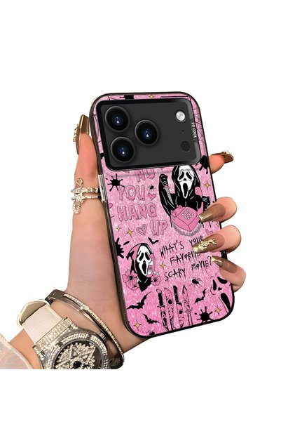 iPhone 17 Pro Compatible Pink Horror Movie Mask Patterned Acrylic Back Silicone Edge Phone Case