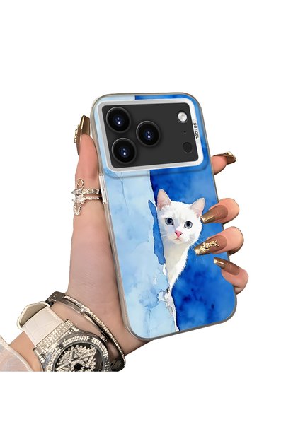 Cute White Cat Pattern Acrylic Back Silicone Edge Phone Case Compatible with iPhone 17 Pro