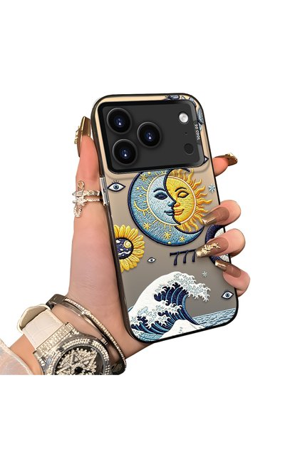 iPhone 17 Pro Compatible Sun-Moon Eye and Wave Butterfly Pattern Acrylic Back Silicone Edge Phone Case