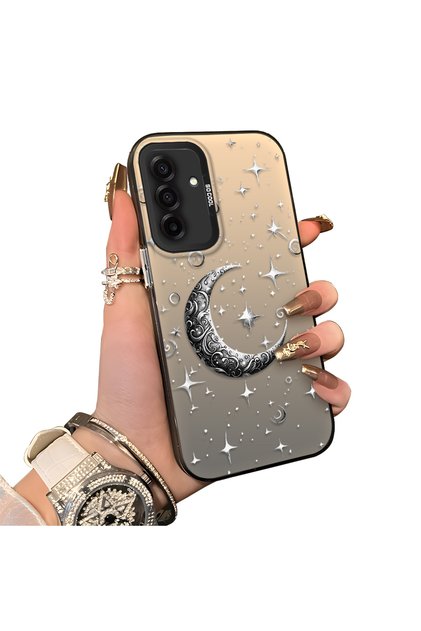 Samsung Galaxy A26 Compatible Silver Carved Moon and Star Pattern Non-Transparent Acrylic Back Silicone Edge Case