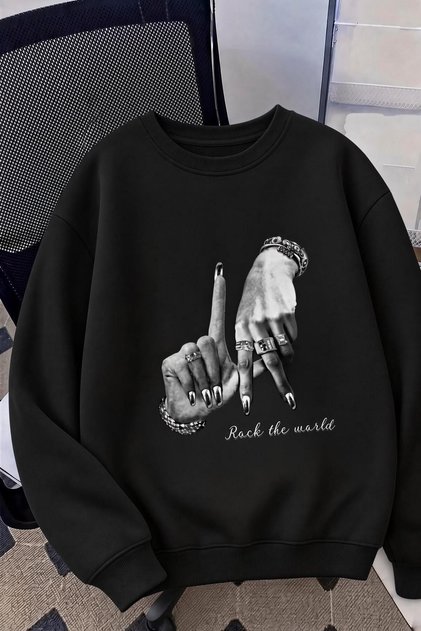 Bs Unisex Oversize La Back Printed "Rock the World" Two-Thread Raised Crew Neck Sweatshirt