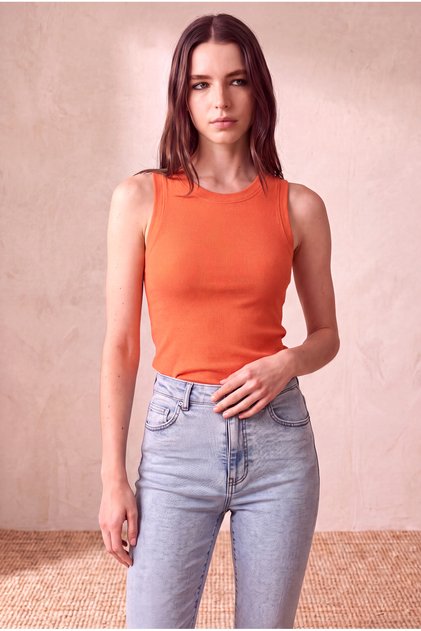 Women's Cotton Orange Sleeveless Crew Neck Ribbed Undershirt Sanne
