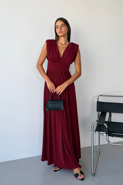 Burgundy V-Neck Waist Corset Pleated Long Dress