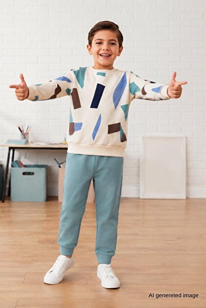 Boys' Geometric Patterned School Nursery and Daily Wear Tracksuit Set Esf7038