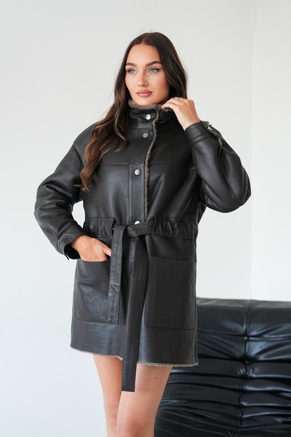 Kadın İçi Kürklü Hakiki Deri Mont - Kemerli 350Silky