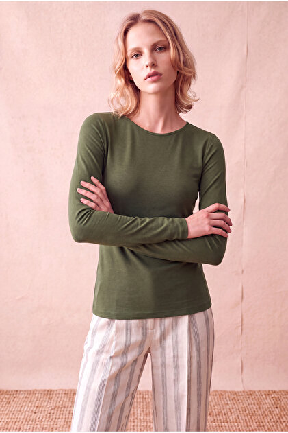 Women's Modal / Cotton Khaki Fitted Boat Neck Blouse Patsy